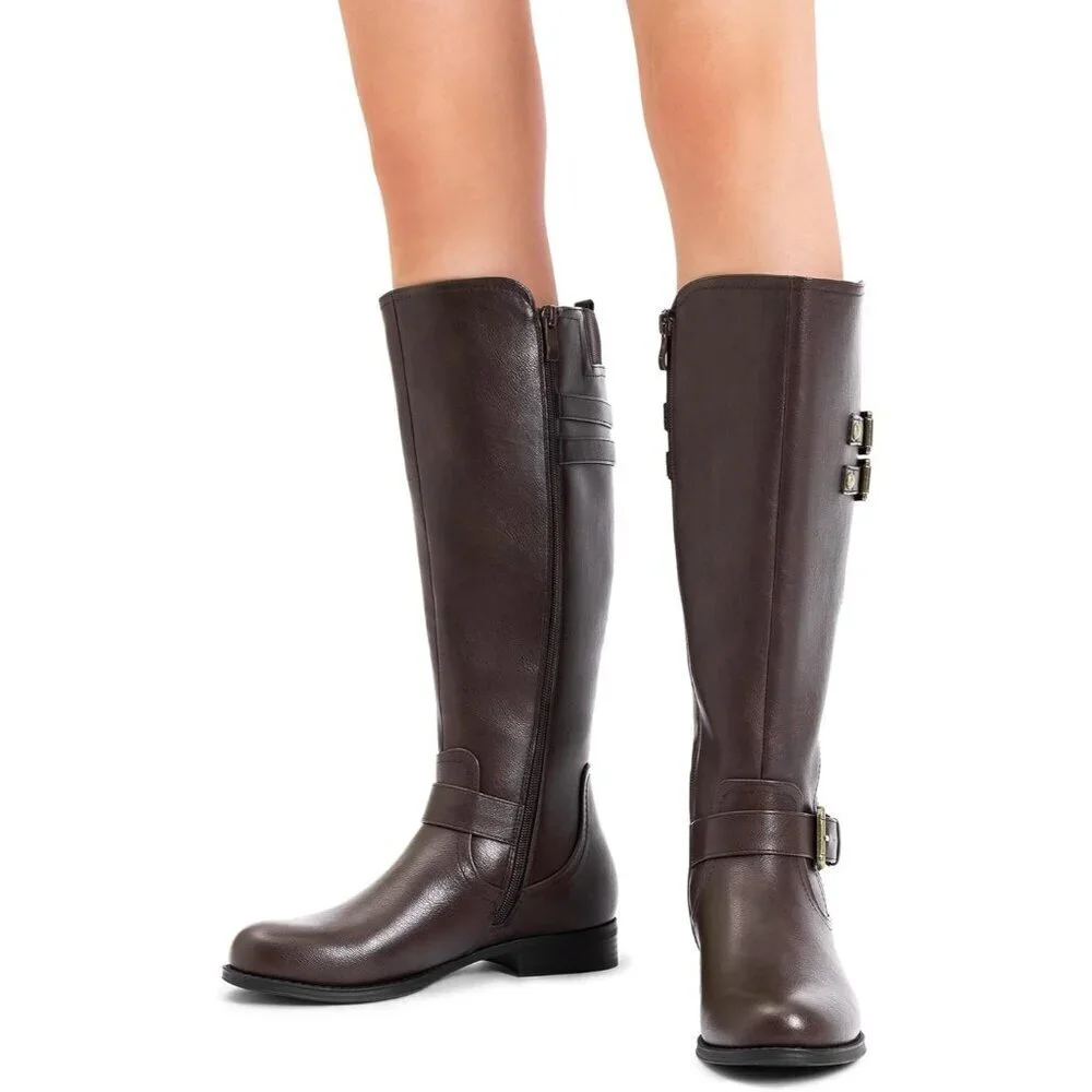 🆕Womens Faux Leather Brown Knee High Buckle Chunky Heel Flat Riding Pirate Boot